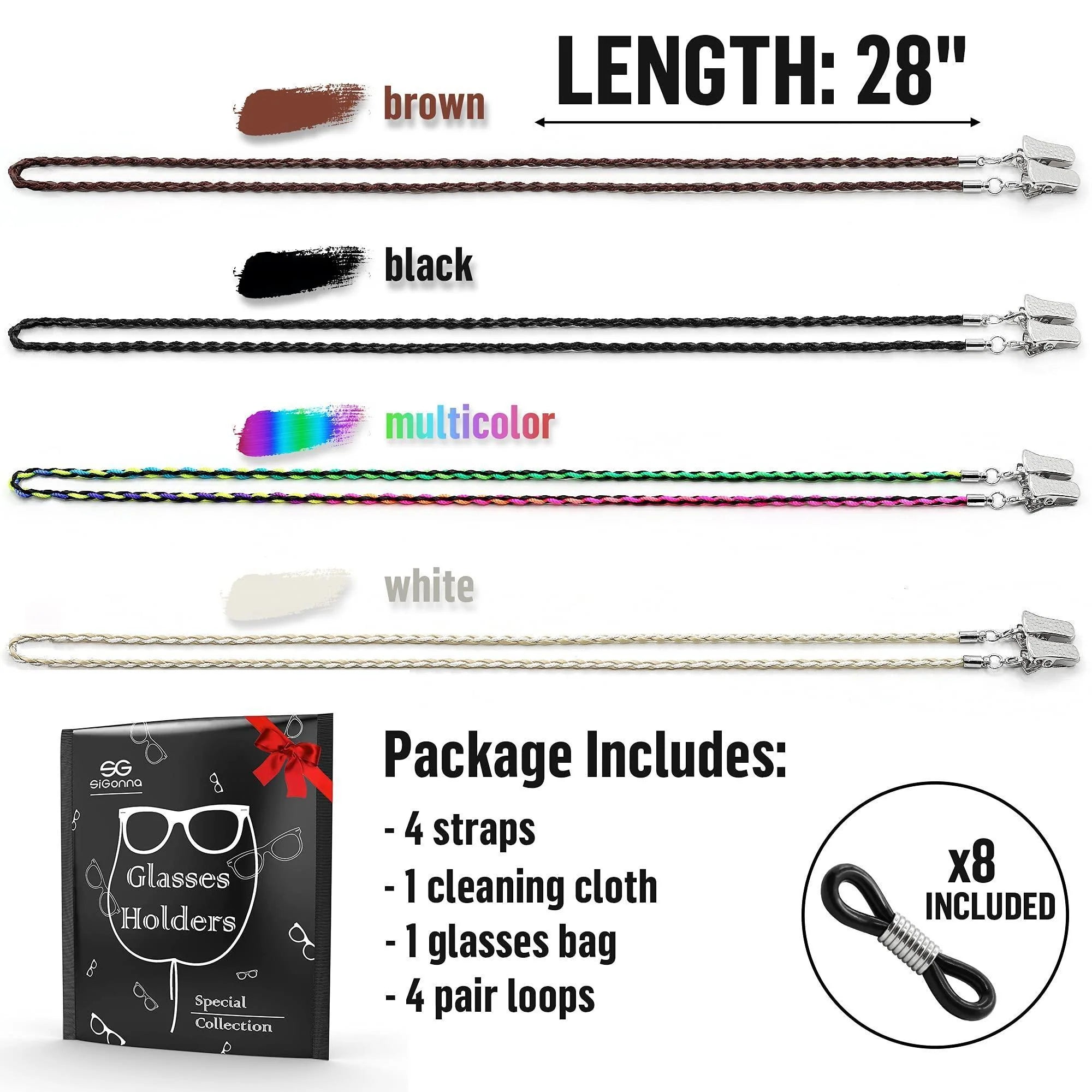 Glasses Strap Chains Premium ECO Leather Eyeglass Holder 4 Pack 28 Inch Long